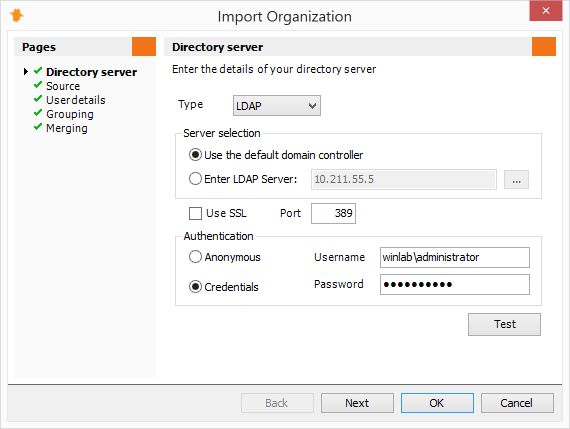 Import Organization from LDAP - Directory Server Page
