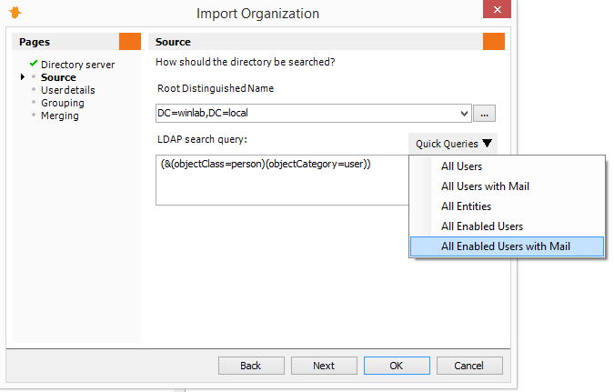 Import Organization from LDAP - Source Page